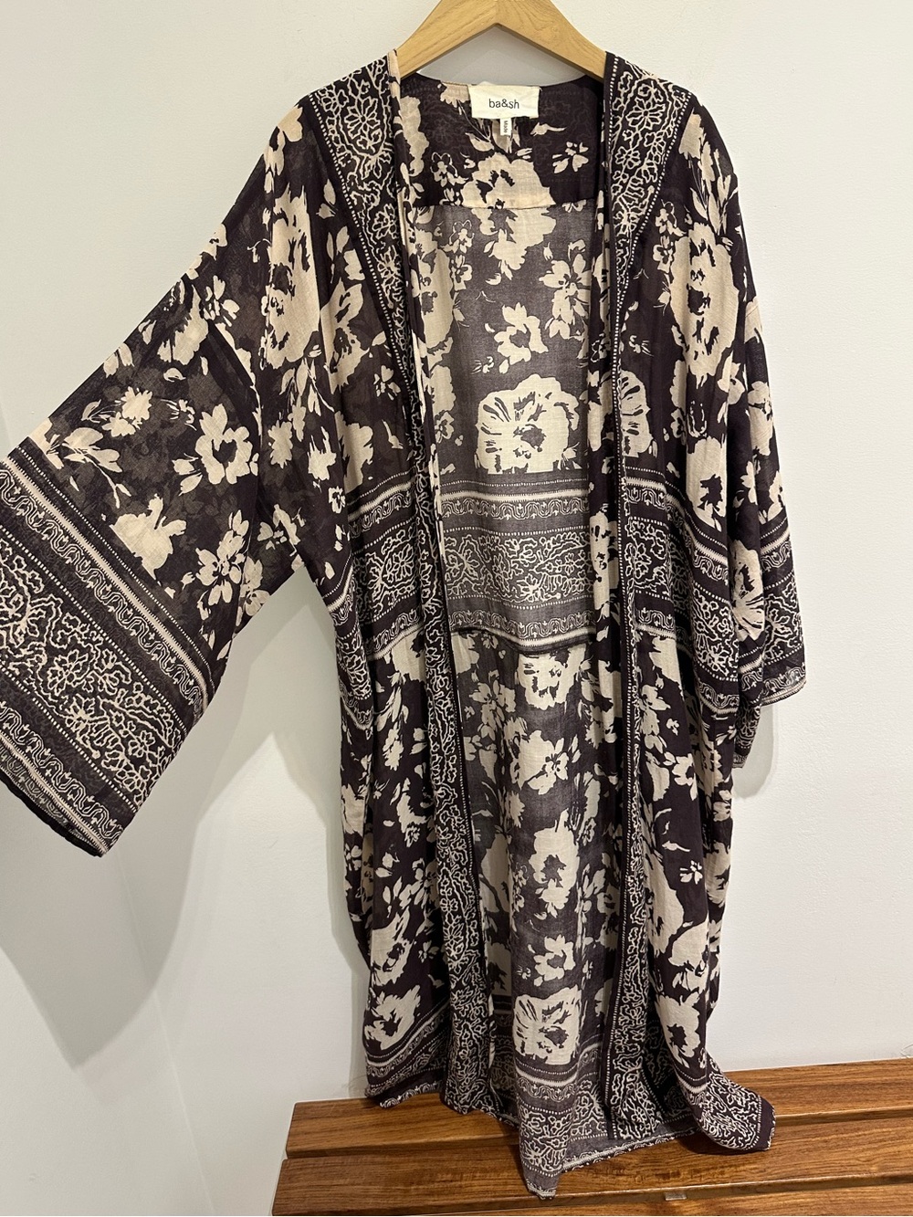 ba&sh Grey and Cream Floral Open-Front Kimono
